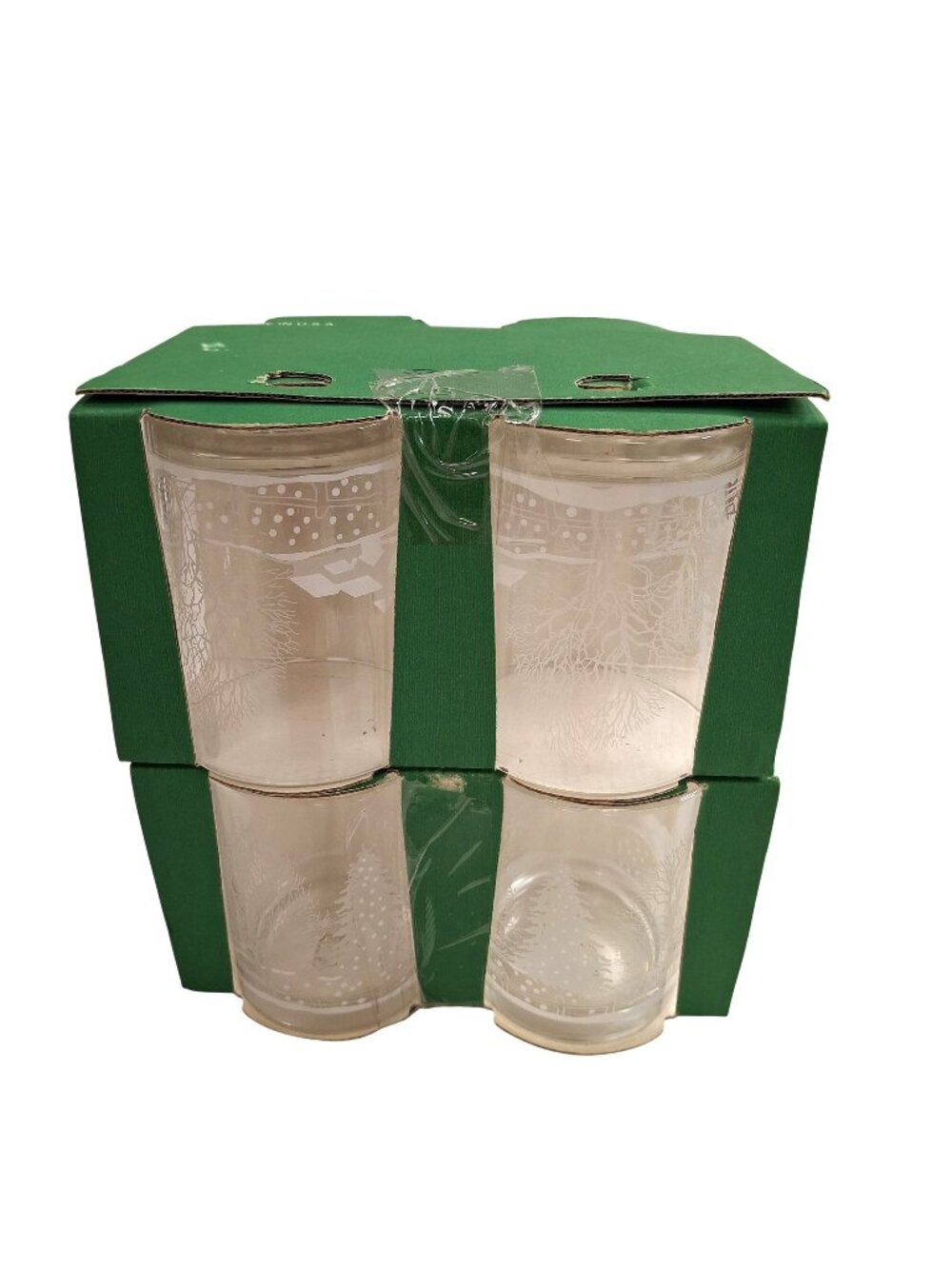 Set Of 4 Etched Glass Tumblers With Winter Tree Design In Gift Box Holidays